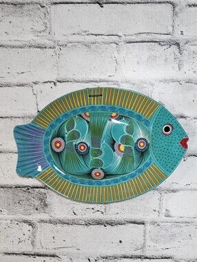 Hand Painted Fish Wall Plaque Ceramic Coastal Tropical Beach Decor 15 Inch